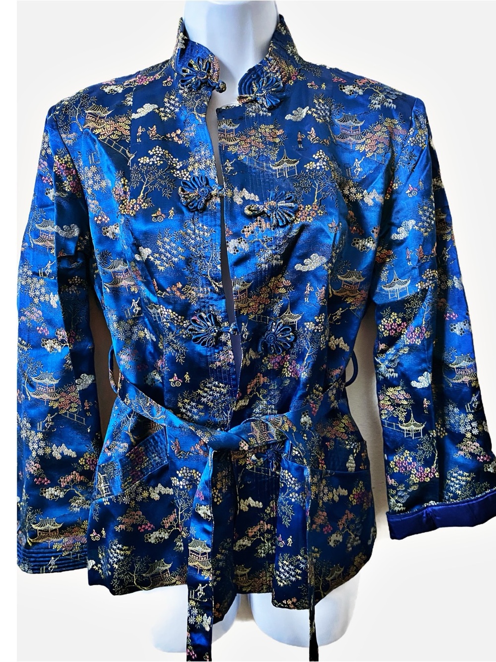 Brocade Oriental Shacket Mandarin Collar Tie Waist Party Streetwear Quiet Luxury
